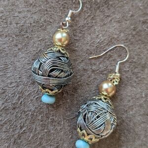 Hand Crafted Silver and Gold Wire Earrings with Pearl